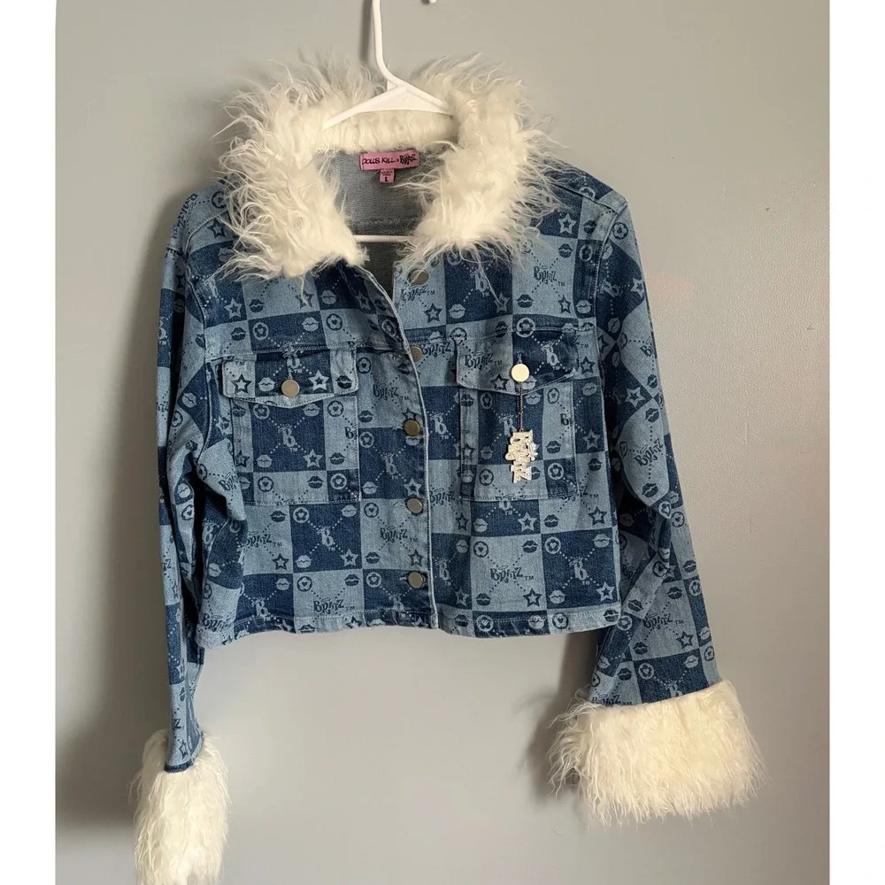 Dolls Kill x Bratz Denim 2 Piece Set Jacket Skirt Faux Fur Blue Checkered Large